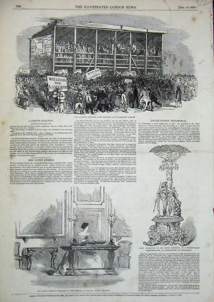 Original Old Antique Print 1850 Lambeth Elections Kennington Kemble Shakspeare