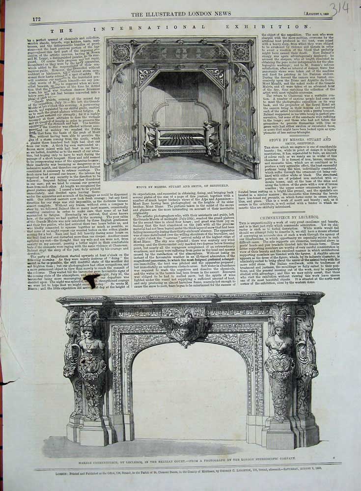 Old Antique Print Marble Chimneypiece Leclercq Belgian Stove Smith 1862 19th