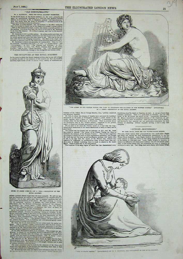 Old Antique Print 1855 Sculpture Armed Science Mother Baby Queen Harp Art 19th