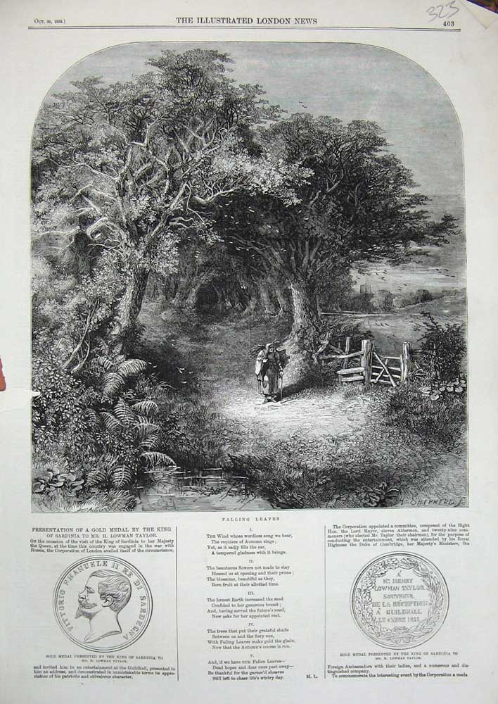 Original Old Antique Print 1858 Country Scene Autumn Leaves GMedal Sardinia
