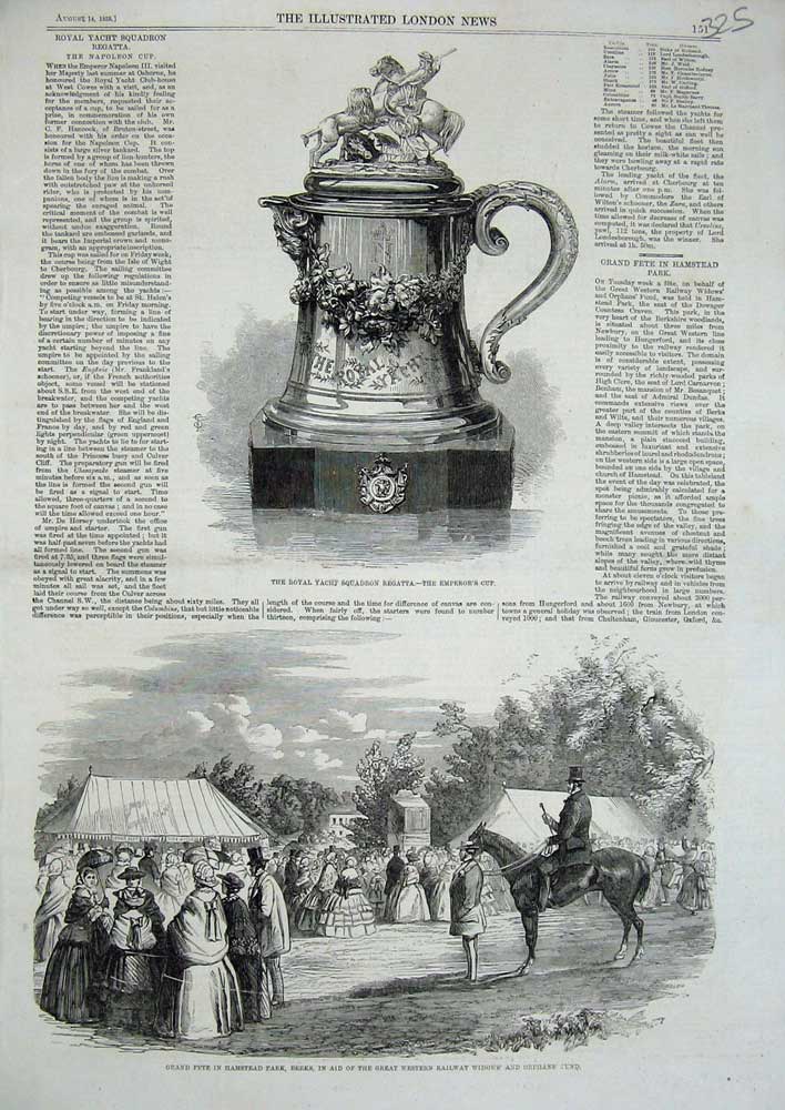 Original Old Antique Print 1858 Royal Yacht Regatta Fete Hampstead Park Orphans