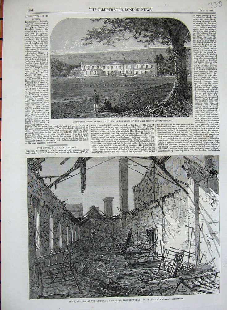 Old Antique Print Addington Surrey Archbishop Canterbury Liverpool Fire