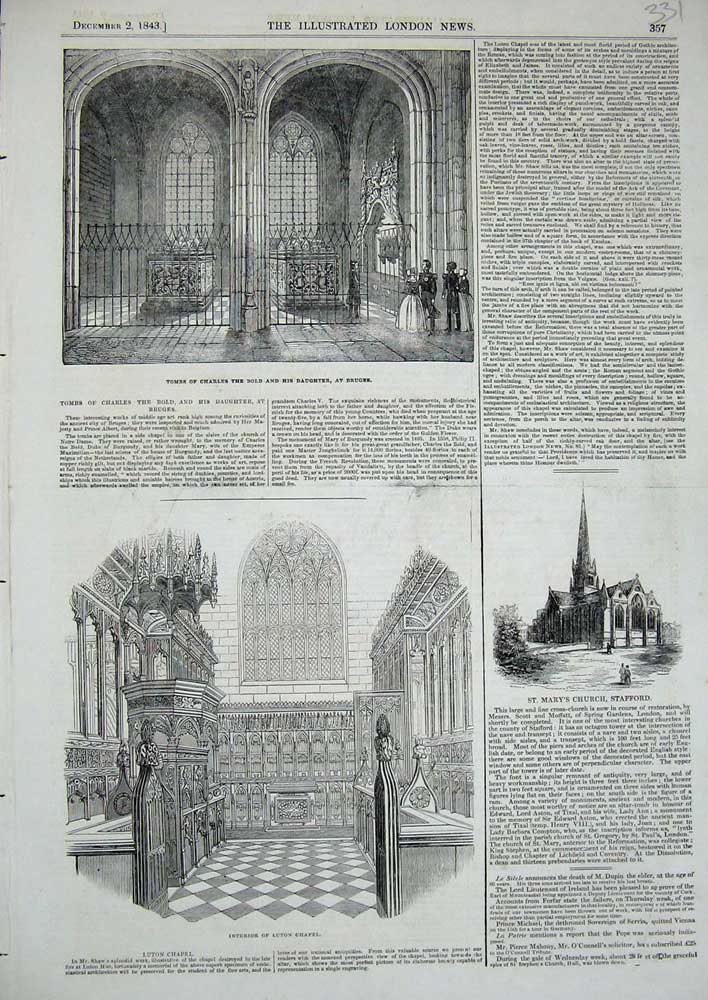 Original Old Antique Print 1843 Tombs Charles BBruges Luton Chapel Mary Church