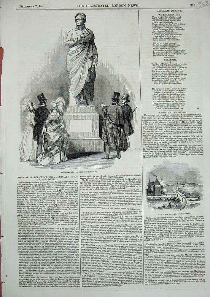 Original Old Antique Print 1843 Statue Mr Drummons View Blackrock Brighton Sea