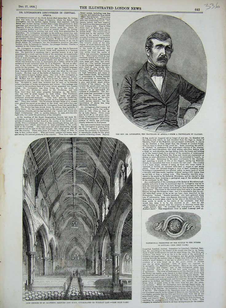 Original Old Antique Print Livingston 1856 Church Matthew Bedford Sultan Nurses