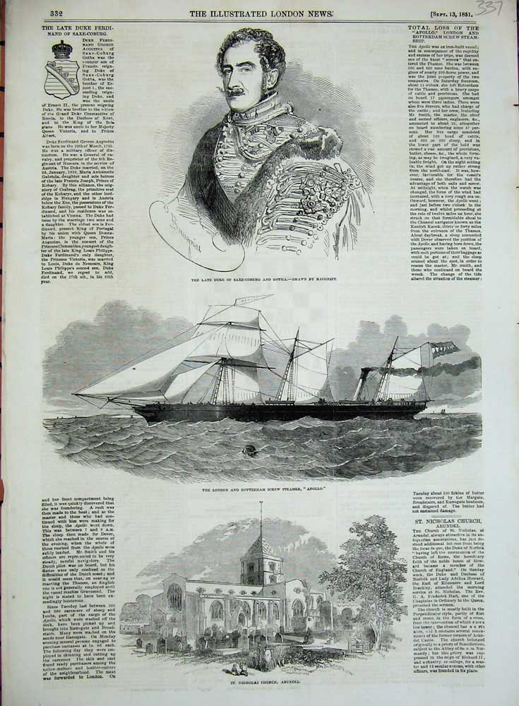 Old Antique Print 1851Church Arundel Screw Steamer Ship Apollo Duke Gotha 19th