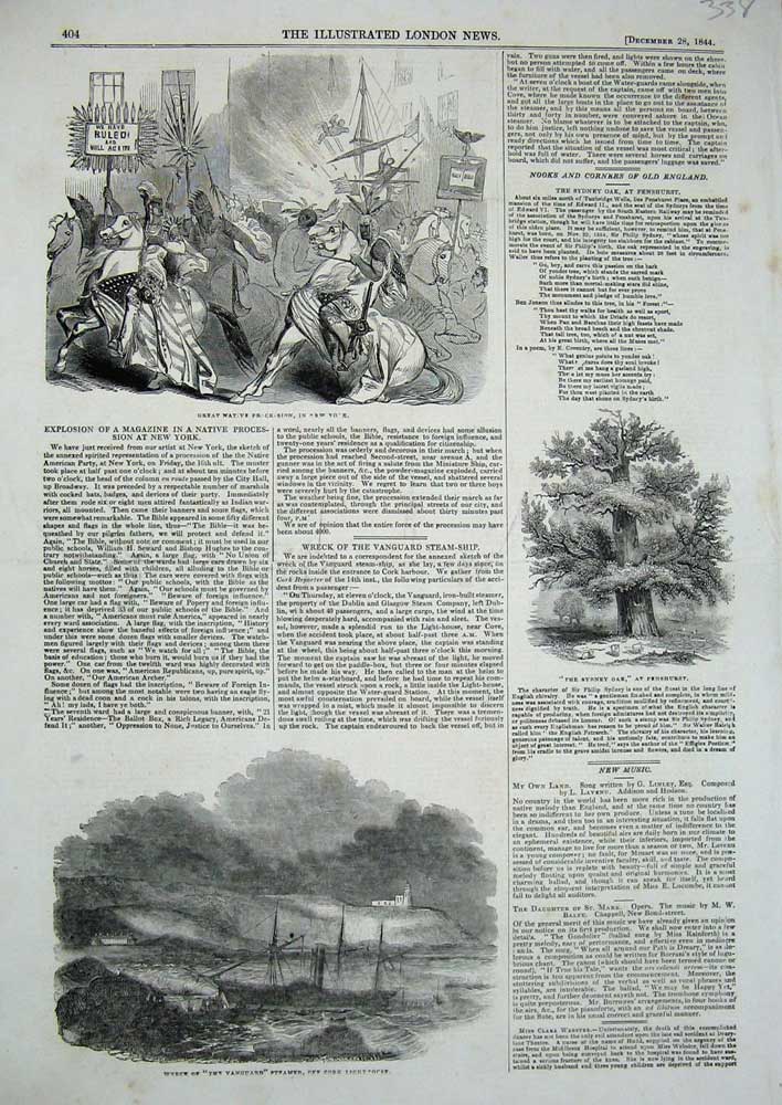 Old Antique Print 1844 Ship Wreck Vanguard Cork Lighthouse New York Tree 19th