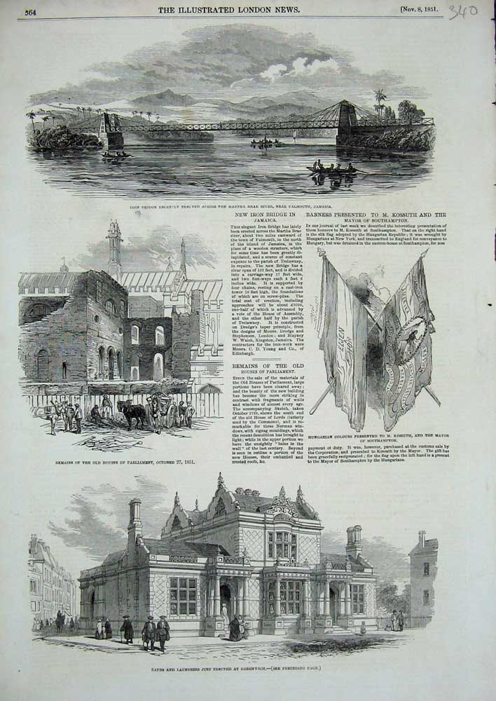 Old Antique Print Bath Greenwich House Parliament Hungarian Flag Bridge