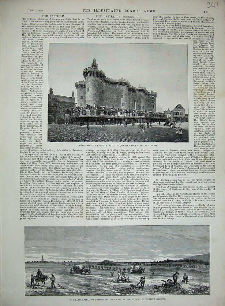 Old Antique Print 1889 Model Bastille Antoine Paris Battle Sedgemoor War 19th
