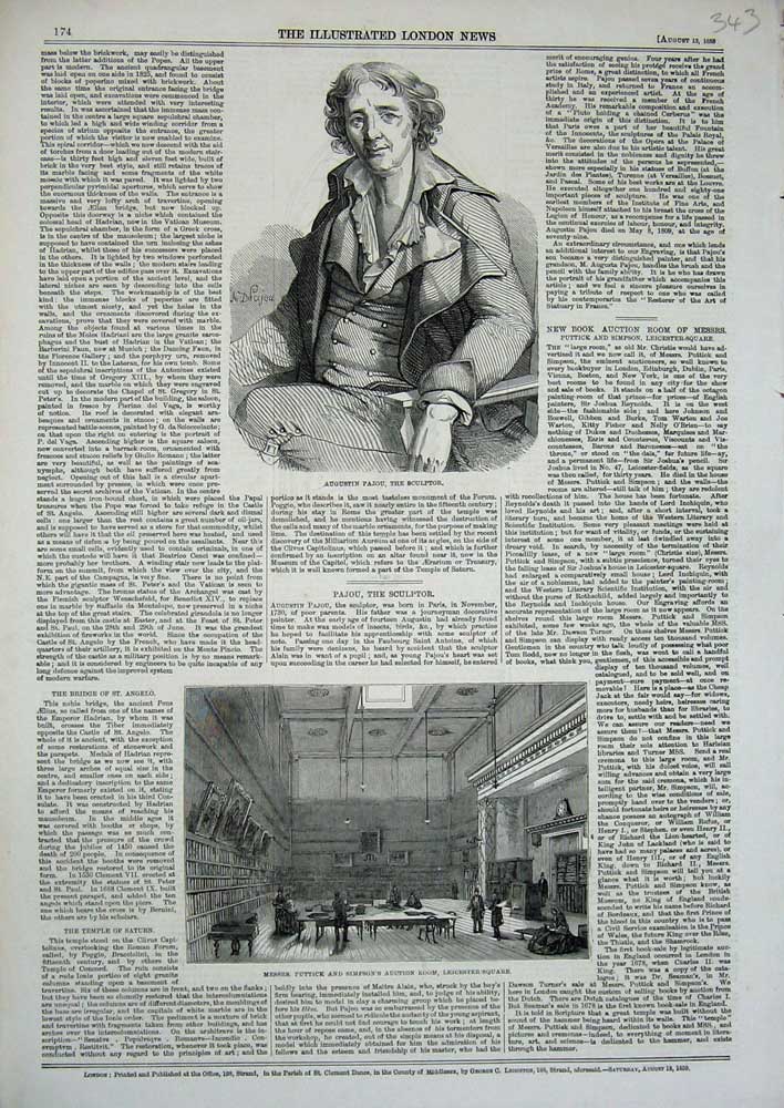 Old Antique Print 1859 Augustin Pajou Sculptor Puttick Auction Leicester 19th