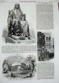 Original Old Antique Print 1858 Statue Isaac Barrow Tapton House Chesterfield