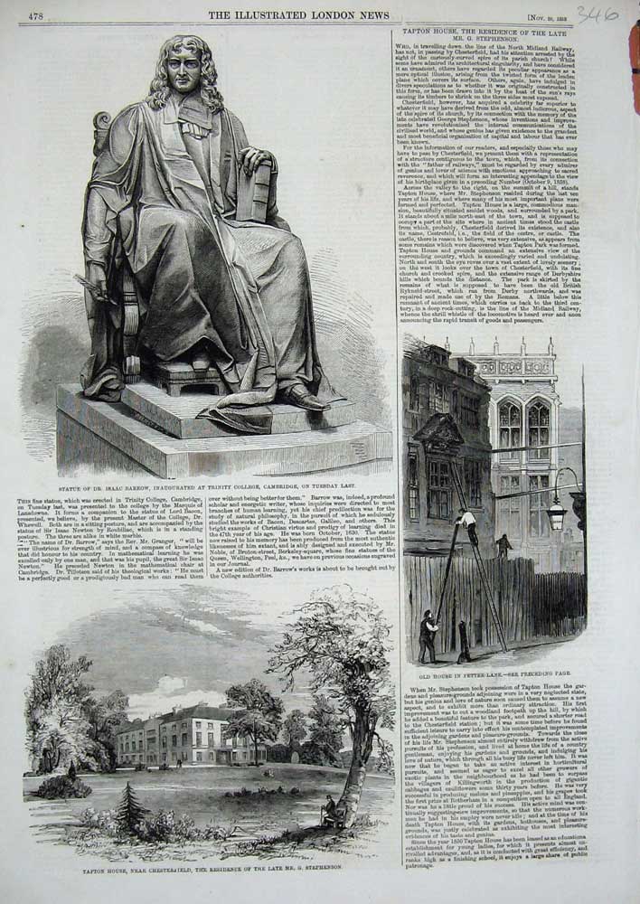 Original Old Antique Print 1858 Statue Isaac Barrow Tapton House Chesterfield