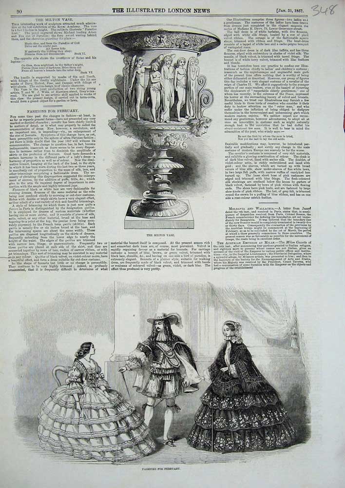 Old Antique Print Milton Vase 1857 Fashion Dresses February Women Ladies 19th