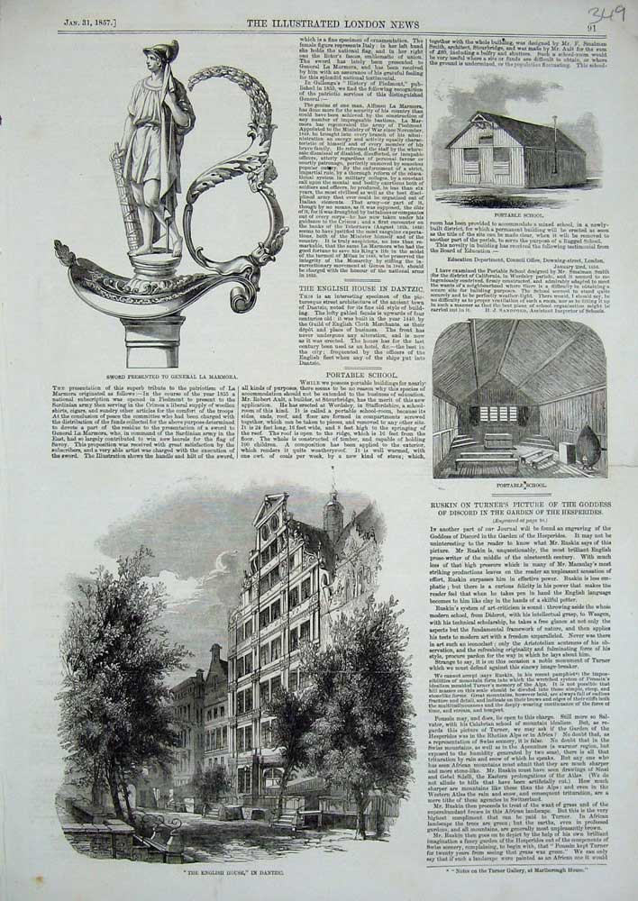 Original Old Antique Print 1857 House Dantzic Portable School Sword Marmora War