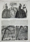 Old Antique Print 1857 Women Fashion Houses Parliament Clock Tower London 19th