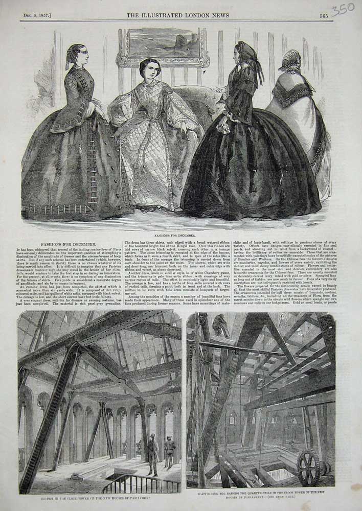 Old Antique Print 1857 Women Fashion Houses Parliament Clock Tower London 19th