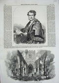 Original Old Antique Print 1857 Lord Mayor Robert Garden Hawarden Church Ruins