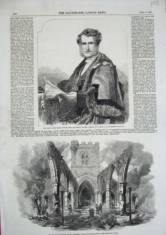 Original Old Antique Print 1857 Lord Mayor Robert Garden Hawarden Church Ruins