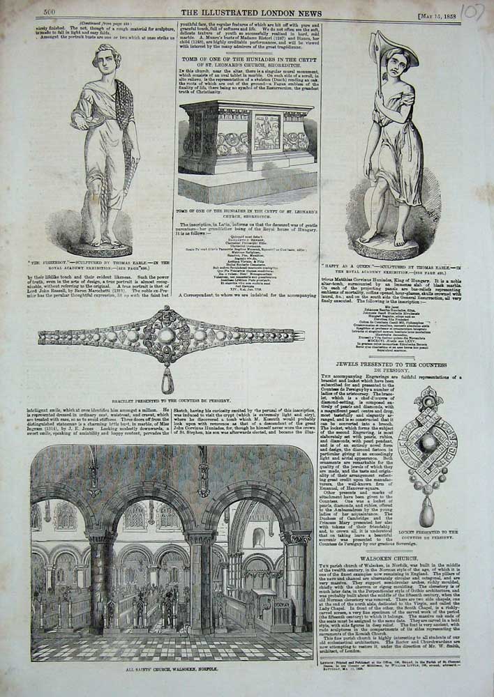 Old Antique Print 1858 Church Walsoken Norfolk Locket Bracelet Persigny 19th