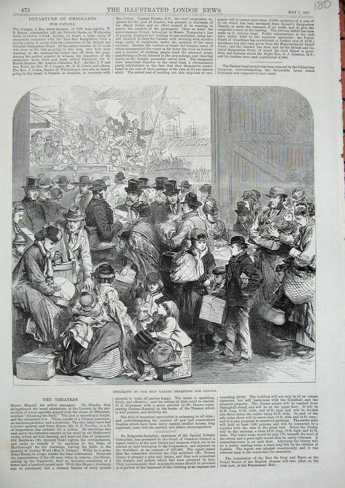Old Antique Print Emigrants Ship Ganges Canada Passengers 1870 Transport 19th
