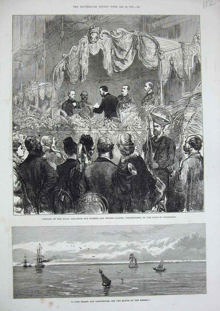 Original Old Antique Print 1876 Saugor Lighthouse Hooghily Westminster Aquarium