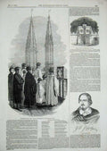 Original Old Antique Print 1846 Herr Pischiek Magdalen College Choristers Tower
