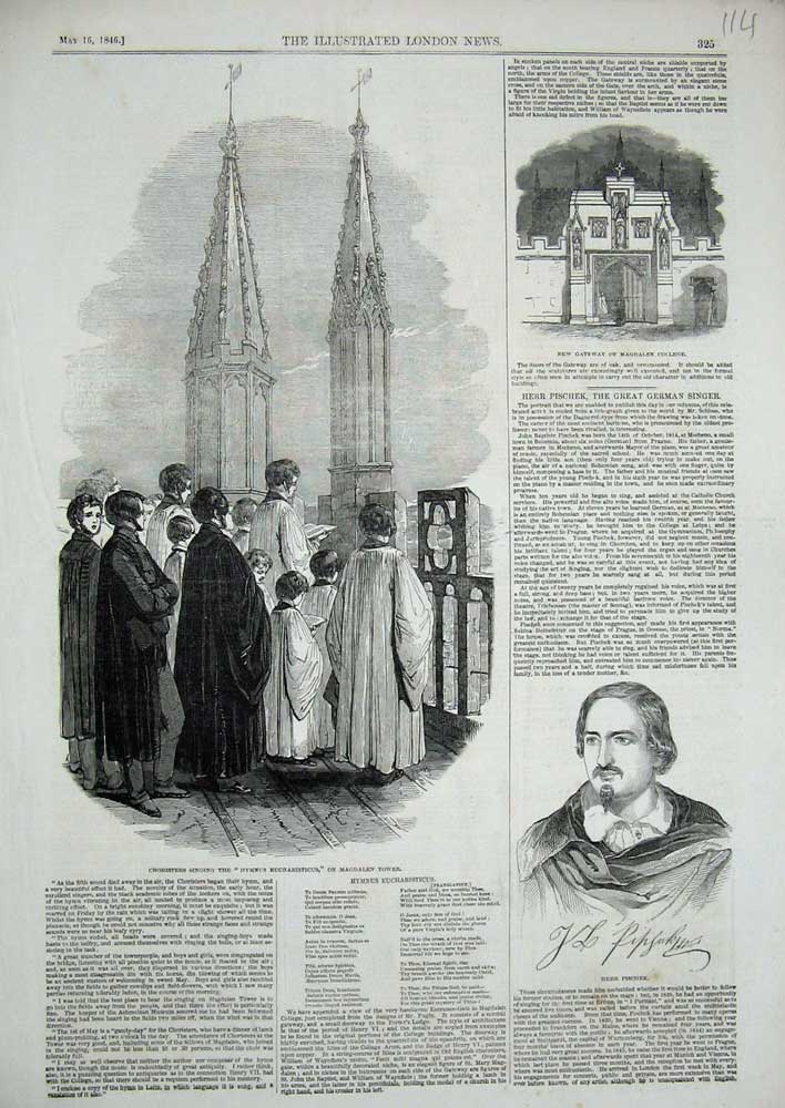 Original Old Antique Print 1846 Herr Pischiek Magdalen College Choristers Tower