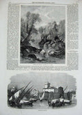 Old Antique Print 1858 Welsh River Scenery Wales Port Leghorn Ships Boats 19th