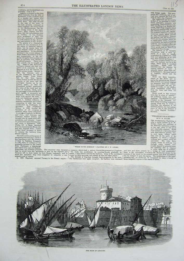 Old Antique Print 1858 Welsh River Scenery Wales Port Leghorn Ships Boats 19th