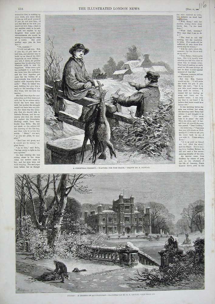 Old Antique Print 1861 Julian Legend Ravenhurst Snow Rabbit Hunting Sport 19th