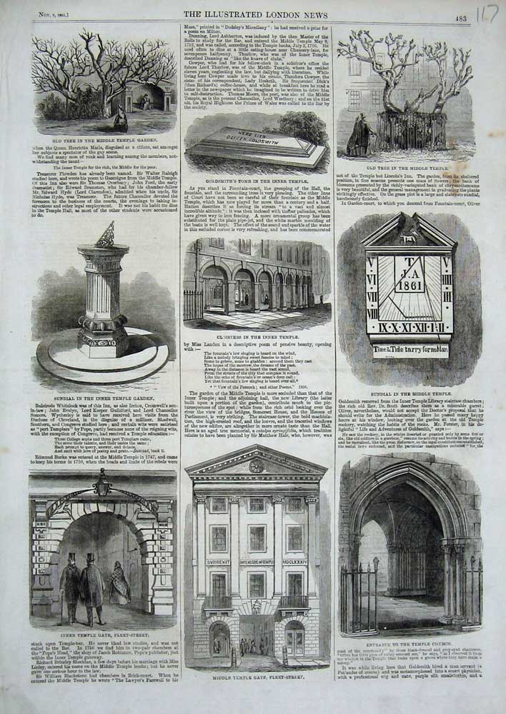 Original Old Antique Print Temple Gate Church Fleet 1861 Cloisters Gsmith Tomb