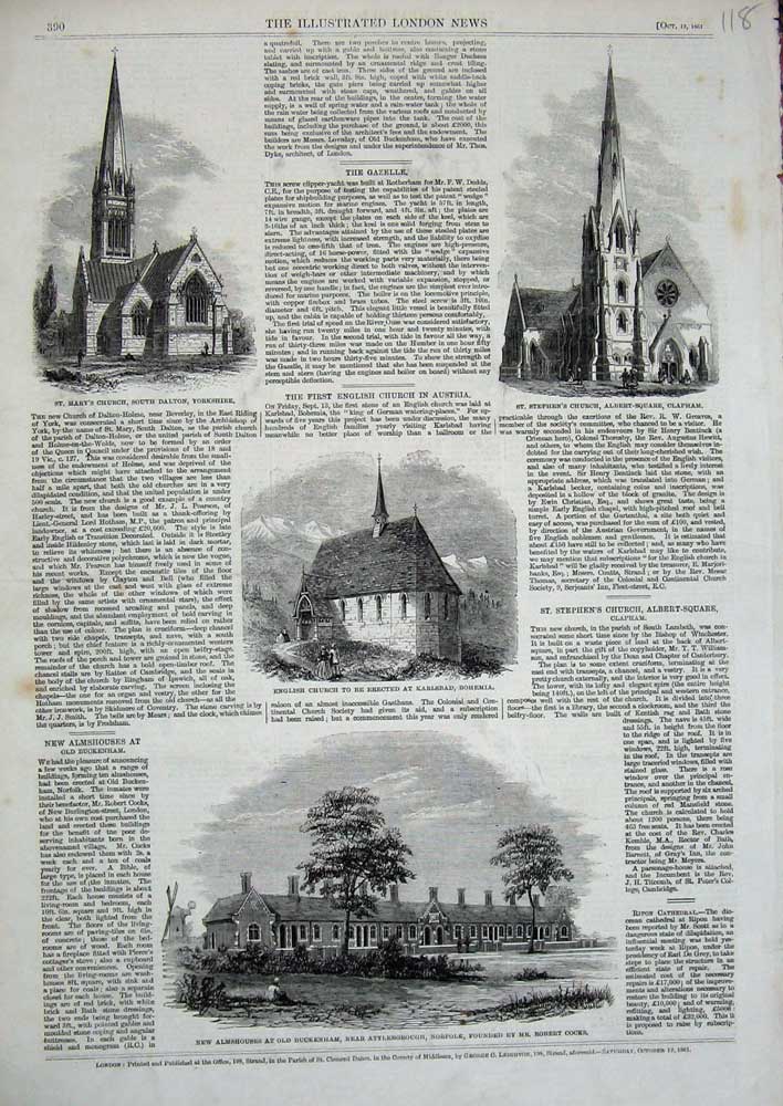Old Antique Print 1861 Almshouses Buckenham Church Bohemia Clapham Mary 19th