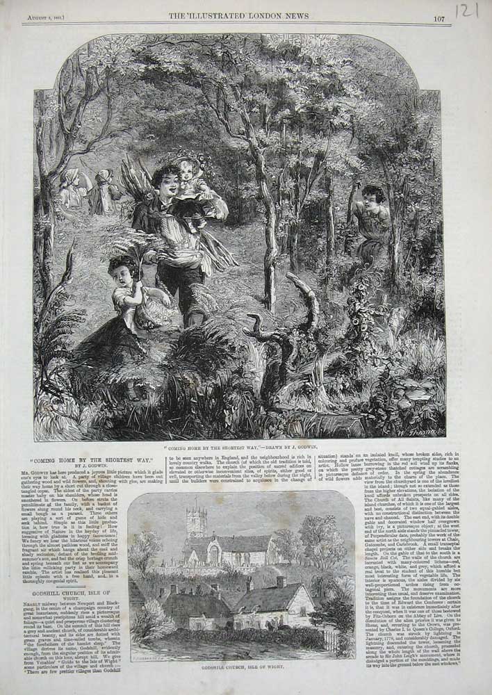 Old Antique Print 1861 Godshill Church Isle Wight Children Family Woods 19th