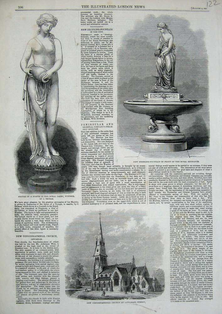 Old Antique Print 1861 Church Lewisham Surrey Fountain Exchange Windsor 19th