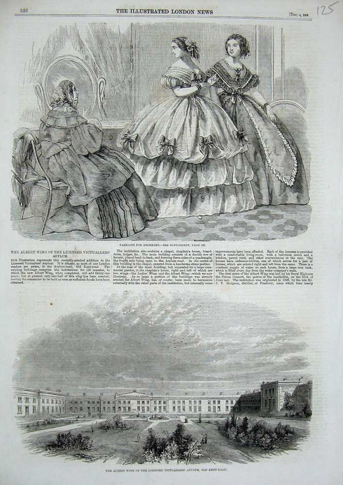 Old Antique Print 1858 Albert Wing Victuallers Asylum Kent-Road Fashion 19th