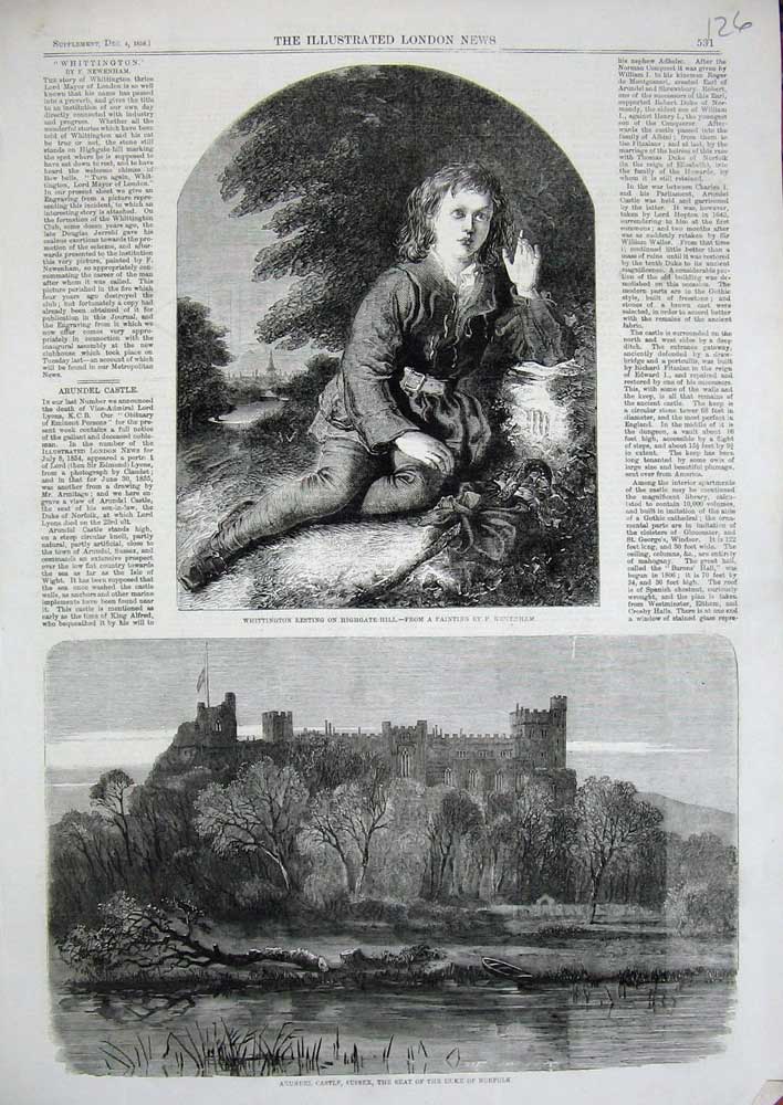 Old Antique Print 1858 Arundel Castle Duke Norfolk Whittington Highgate 19th