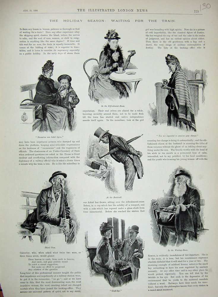 Original Old Antique Print 1894 Holiday Season People Waiting Train Transport
