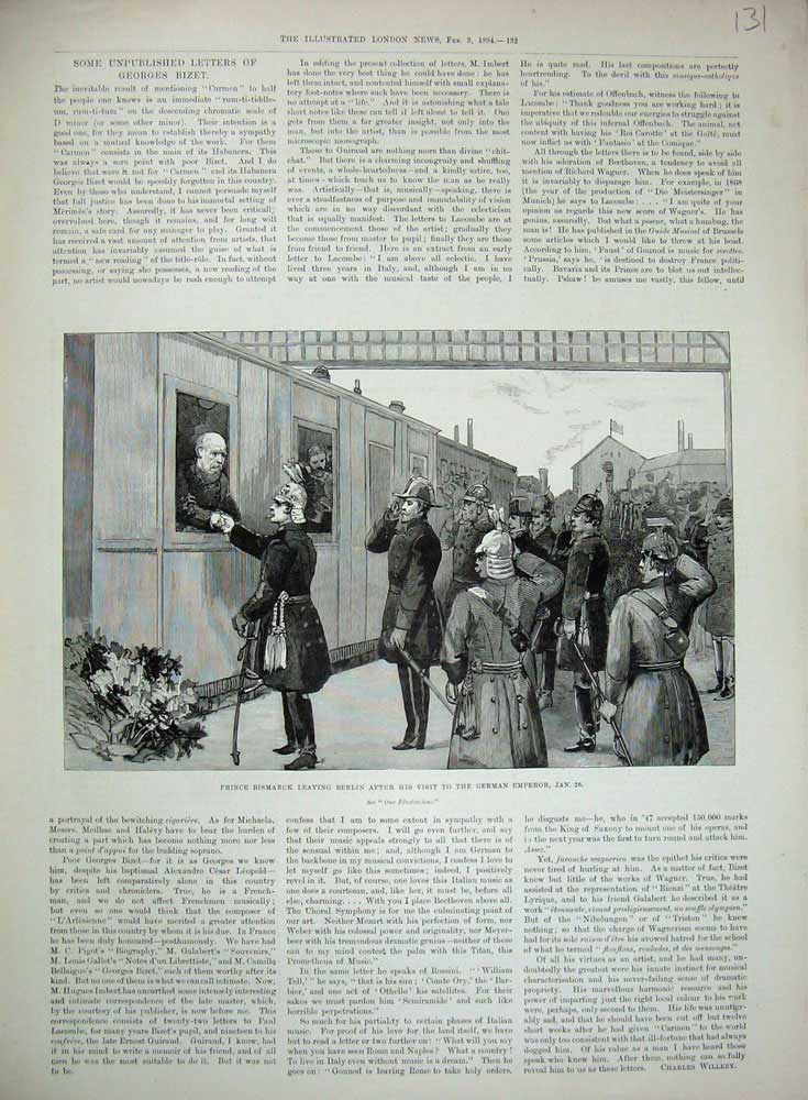 Original Old Antique Print Prince Bismarck Berlin Germany Train 1894 Emperor