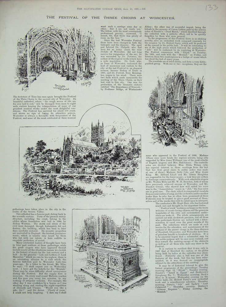 Original Old Antique Print 1893 Choirs Worcester Cathedral Tomb King John 19th