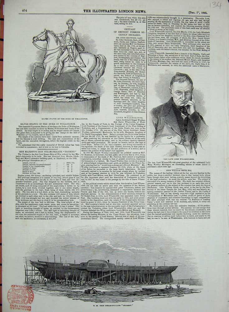 Original Old Antique Print 1845 Iron Steam Frigate Ship Trident Duke Wellington