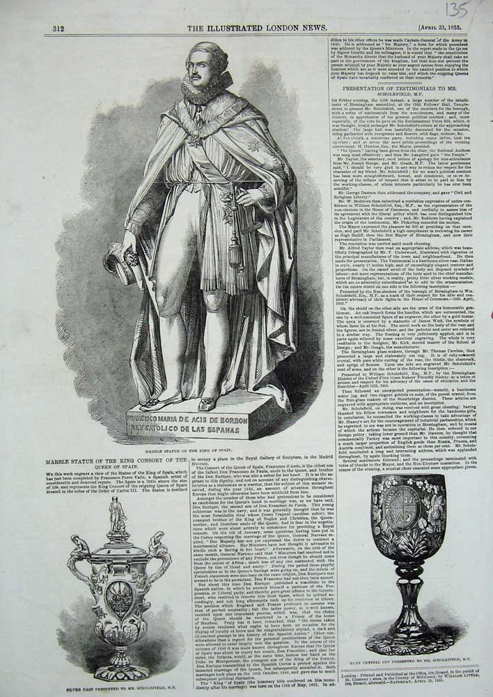 Old Antique Print Statue King Spain 1853 Silver Vase Scholefield Crystal 19th