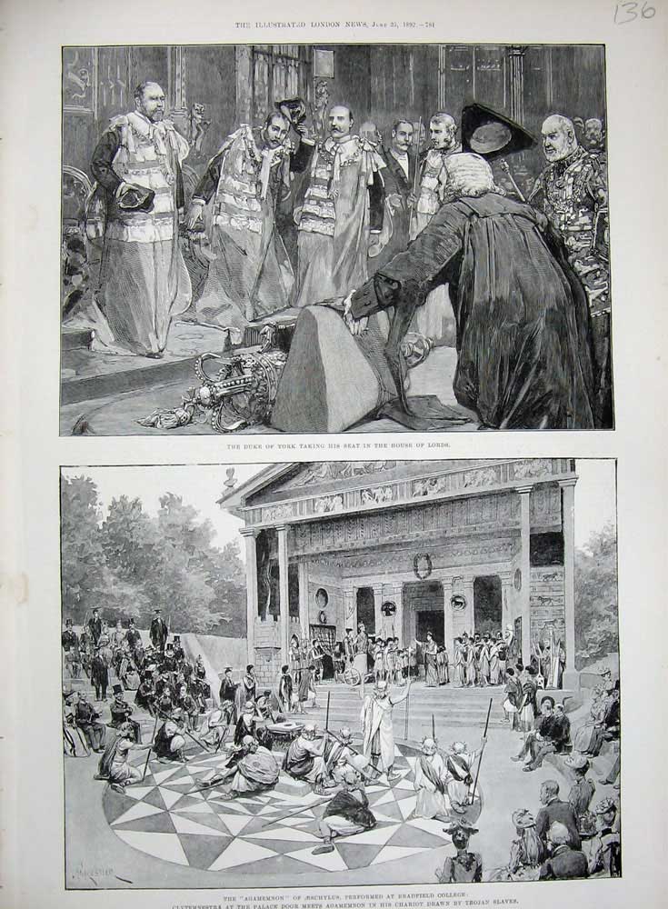 Old Antique Print 1892 Duke York House Lords Bradfield College Agamemnon 19th
