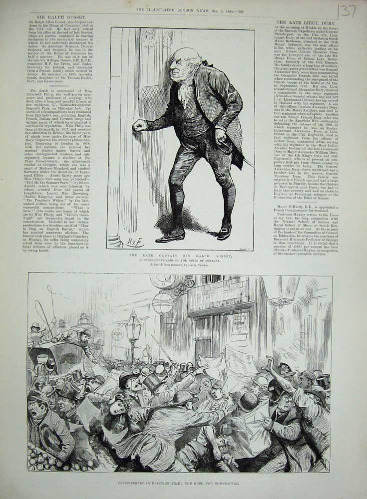 Original Old Antique Print Fleet Street Election Time 1885 Captain Ralph Gosset