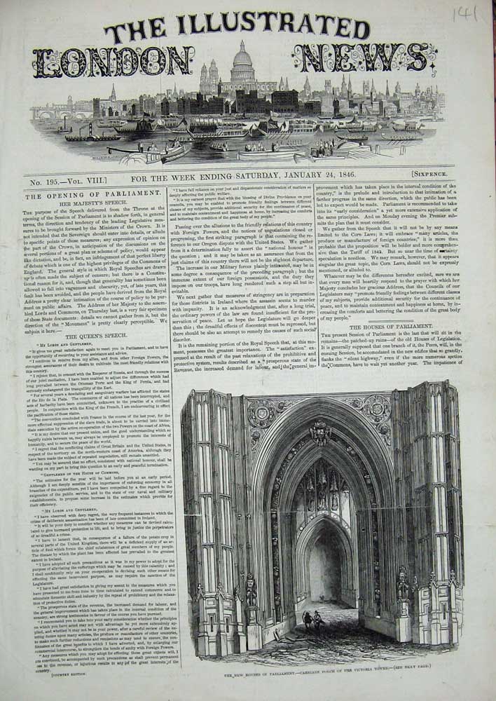 Original Old Antique Print 1846 Houses Parliament Carriage Porch Victoria Tower