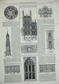Original Old Antique Print Houses Parliament London 1846 Heraldic Panel Turret