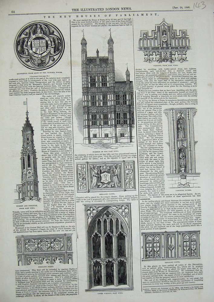 Original Old Antique Print Houses Parliament London 1846 Heraldic Panel Turret