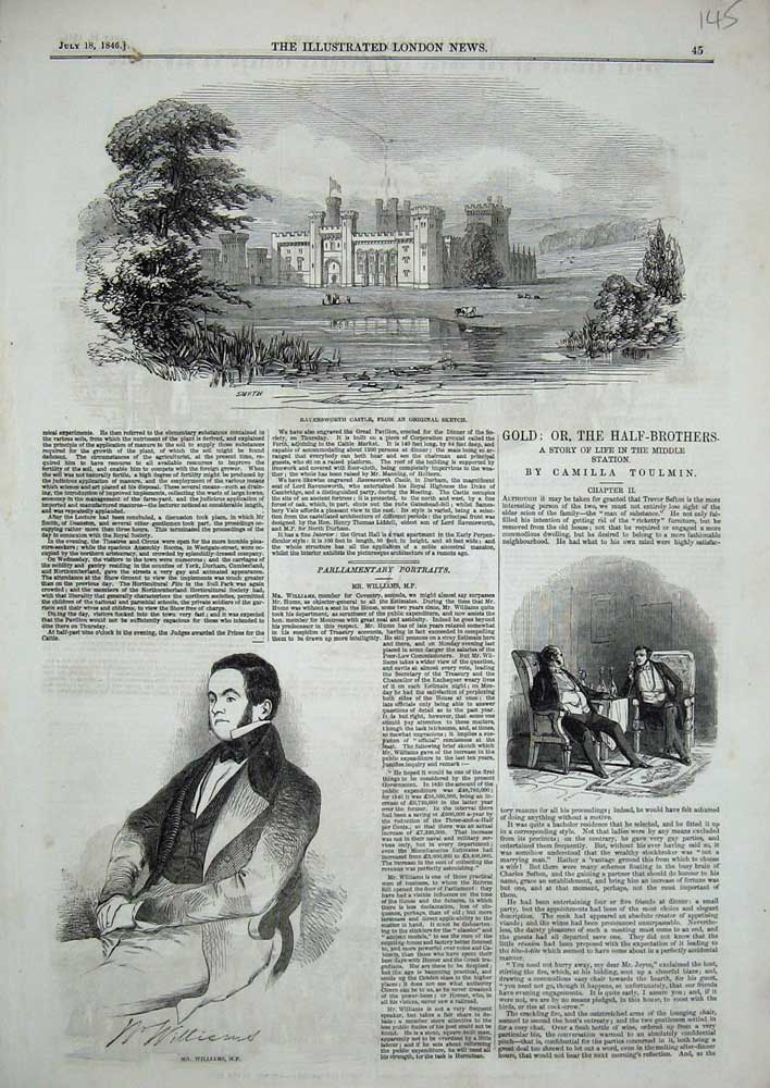 Old Antique Print 1846 Ravensworth Castle Mr Williams M.P Parliament Man 19th
