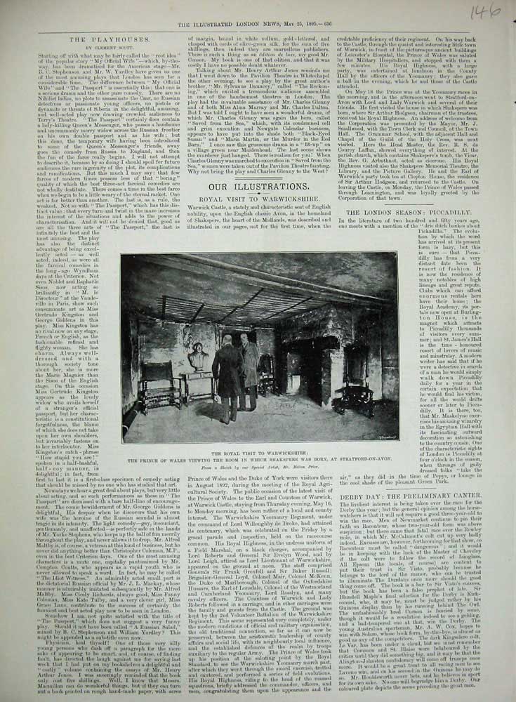 Original Old Antique Print 1895 Warwickshire Prince Wales Shakspere Stratford