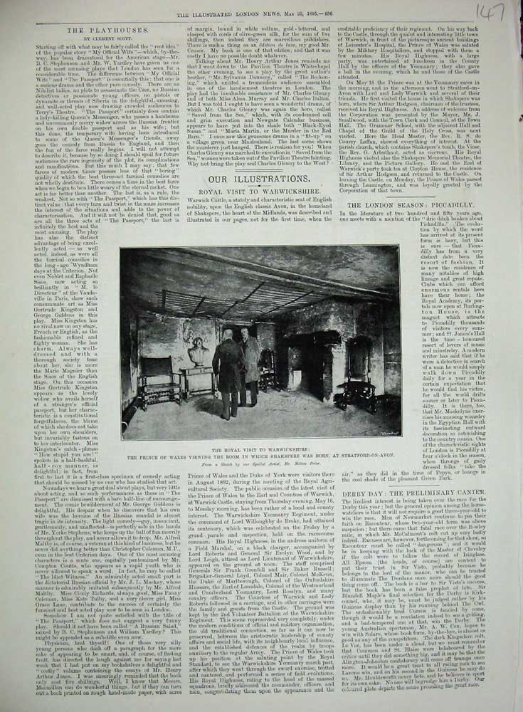 Antique Old Print Ref.977 1895 Warwickshire Prince Wales Shakspere Stratford