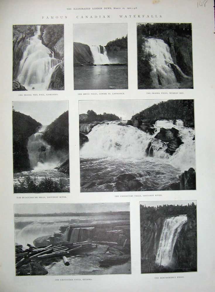 Original Old Antique Print 1902 Canada Waterfalls Chicoutimi Montmorency Ottawa